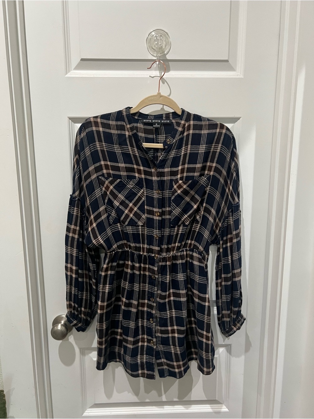 Navy and Tan Plaid Button-down Dress